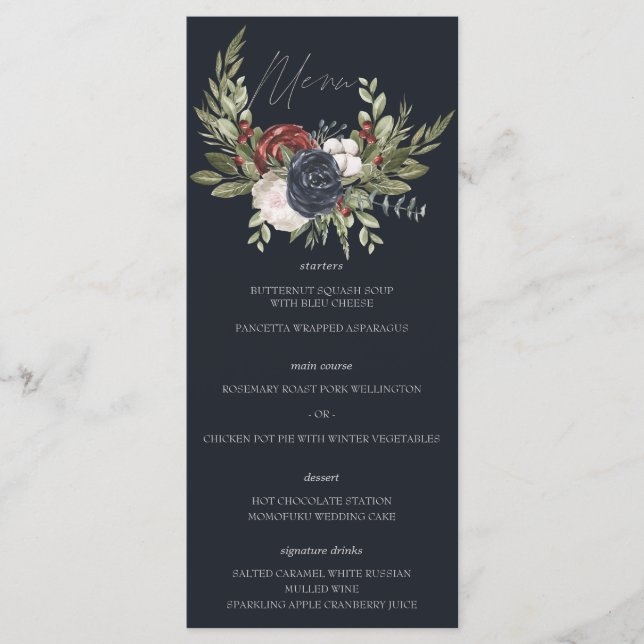 Elegante Winter Floral Boho Botanische Hochzeitska Menükarte (Vorderseite)