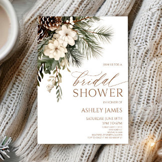 Elegante Winter Florale Kiefern Hochzeitsdusche Einladung