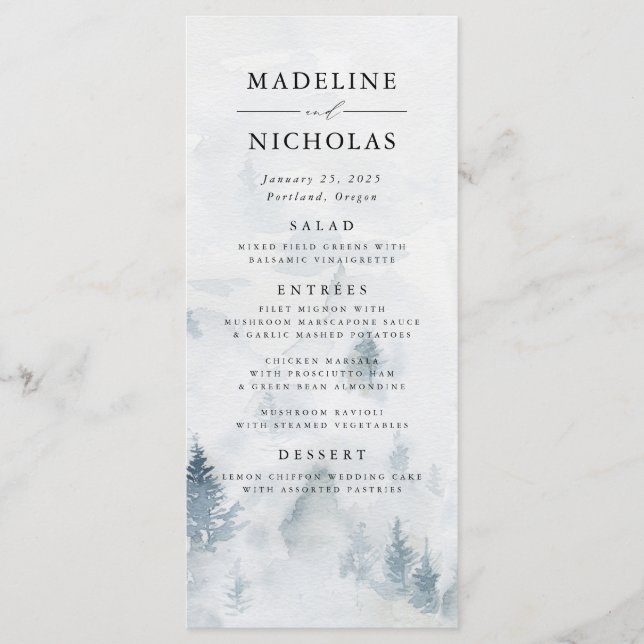 Elegante Winter Forest Wedding Menu Card Menükarte (Vorderseite)