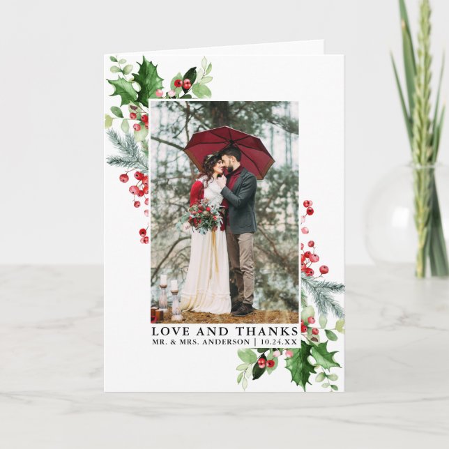 Elegante Winter Greenery Liebe Dank Hochzeitsfalte Dankeskarte (Vorderseite)