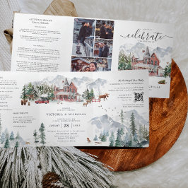 Elegante Winter Mountain Ski Chalet Hochzeit Dreifach Gefaltete Einladung