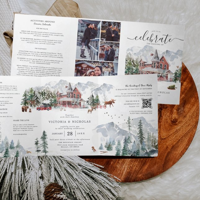 Elegante Winter Mountain Ski Chalet Hochzeit Dreifach Gefaltete Einladung (Von Creator hochgeladen)
