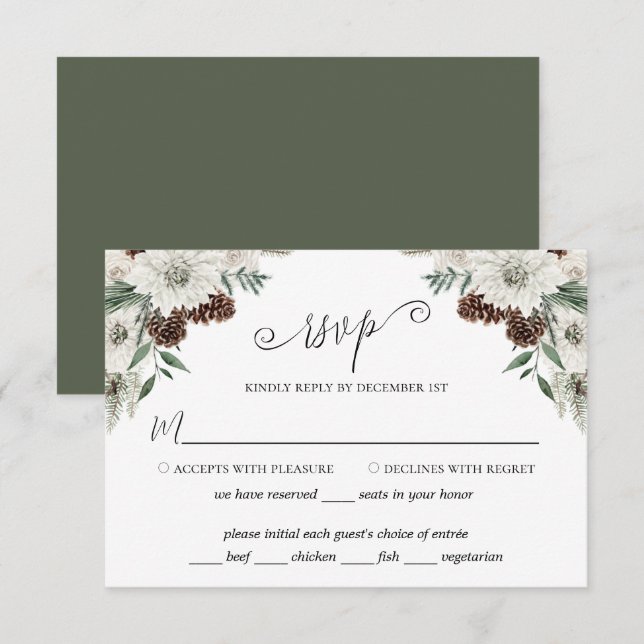 Elegante Winter Pine Cone Hochzeit RSVP Karte (Vorne/Hinten)