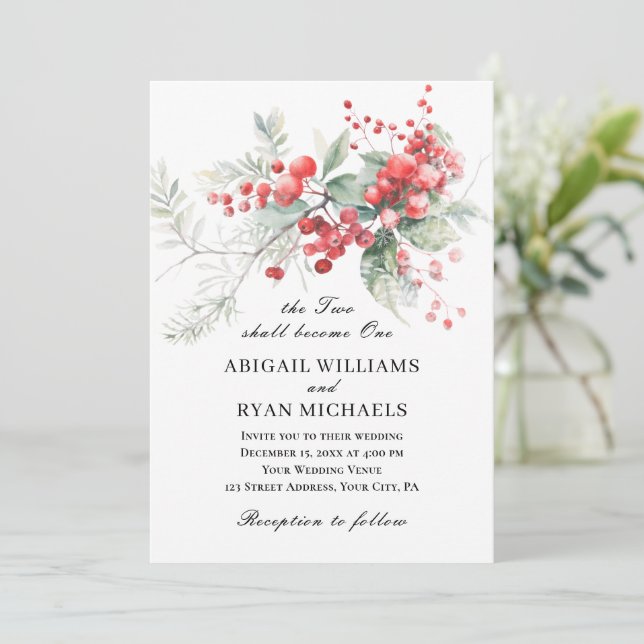 Elegante Winter Red Berries Christlich Wedding Einladung (Stehend Vorderseite)