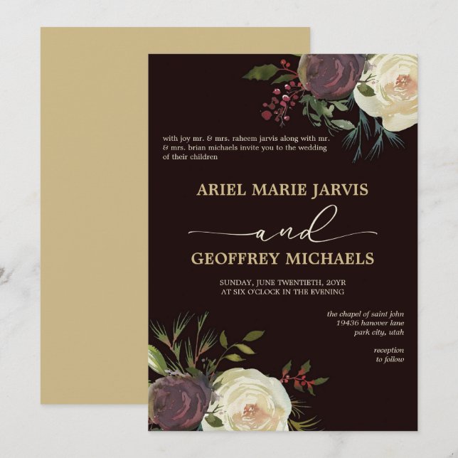 Elegante Winter Rose Hochzeit Einladung (Vorne/Hinten)