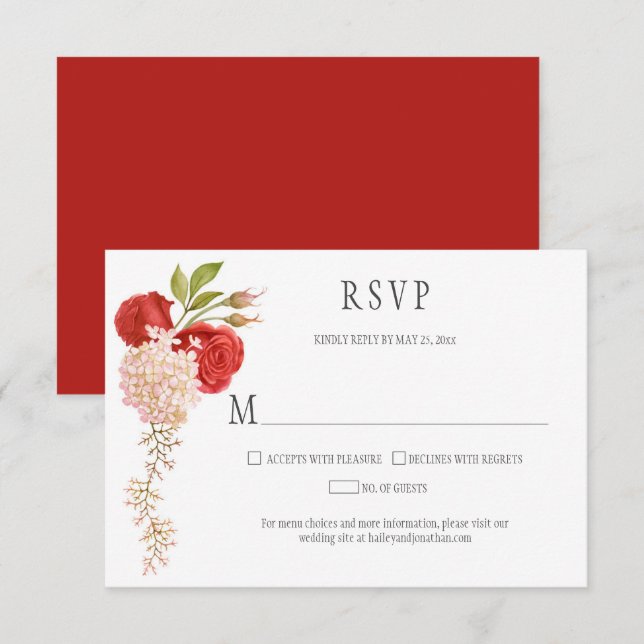 Elegante Winter-Rote Rosen und Hydrangeas RSVP Karte (Vorne/Hinten)