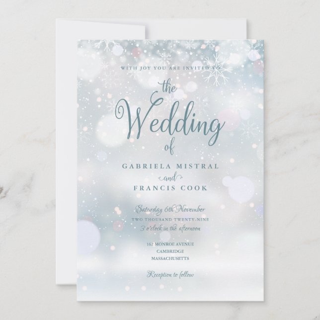 Elegante Winter-Schneeflocken Hochzeit Alles in Ei Einladung (Vorderseite)