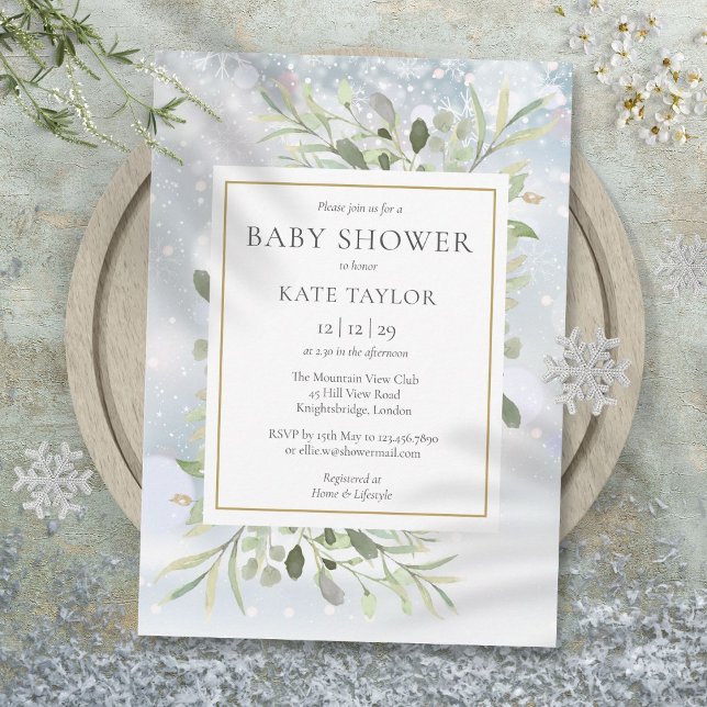 Elegante Winter Snowflakes Grüne Babydusche Einladung (Elegant Winter Snowflakes Greenery Baby Shower Invitation)