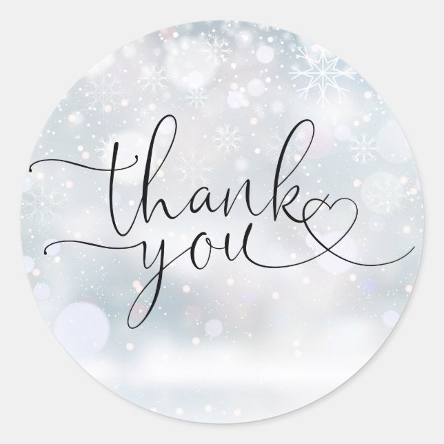 Elegante Winter Snowflakes Herzensschrift Danke Runder Aufkleber (Vorderseite)