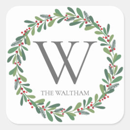 Elegante Winter Sprigs Mit Monogramm Weihnachtsfes Quadratischer Aufkleber