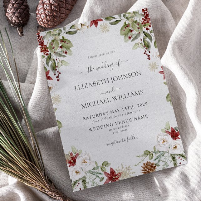 Elegante Winter Watercolor Botanische Skripthochze Einladung (Winter Wedding Invitation)