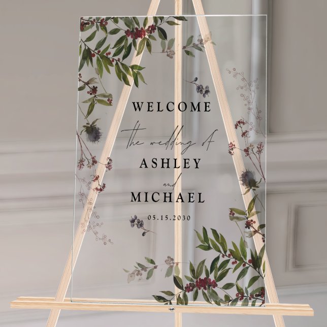 Elegante Winter Wildblume Berry Wedding Acrylschild (Wedding Welcome Sign!)