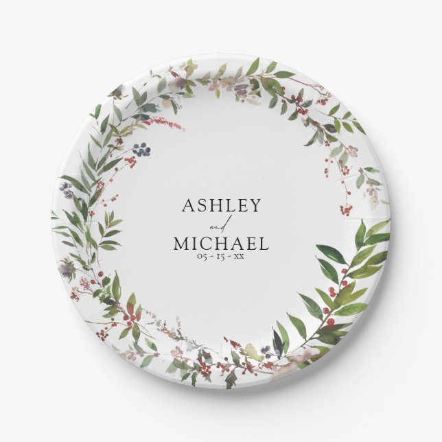Elegante Winter Wildblume Berry Wedding Pappteller (Vorderseite)