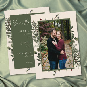 Elegante Winterbeeren-Kiefer-Elfenbein-Hochzeitsfo Save The Date