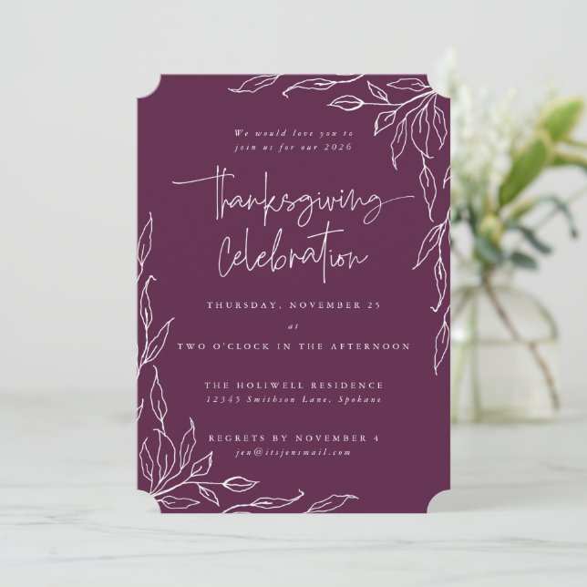 Elegante Winterberry Modern Leaf Motif Erntedank Einladung (Stehend Vorderseite)