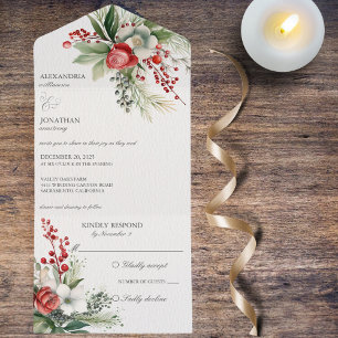 Elegante Winterblumen, Beeren und Kiefern All In One Einladung
