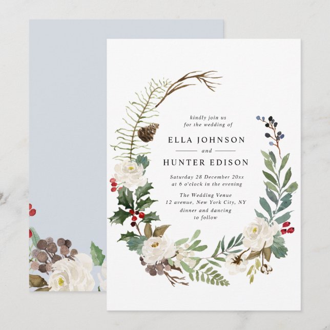 elegante Winterblüte Hochzeitseinladung Einladung (Vorne/Hinten)