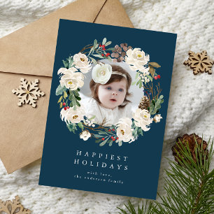 Elegante Winterfloralkranz Navy Foto Feiertagskarte
