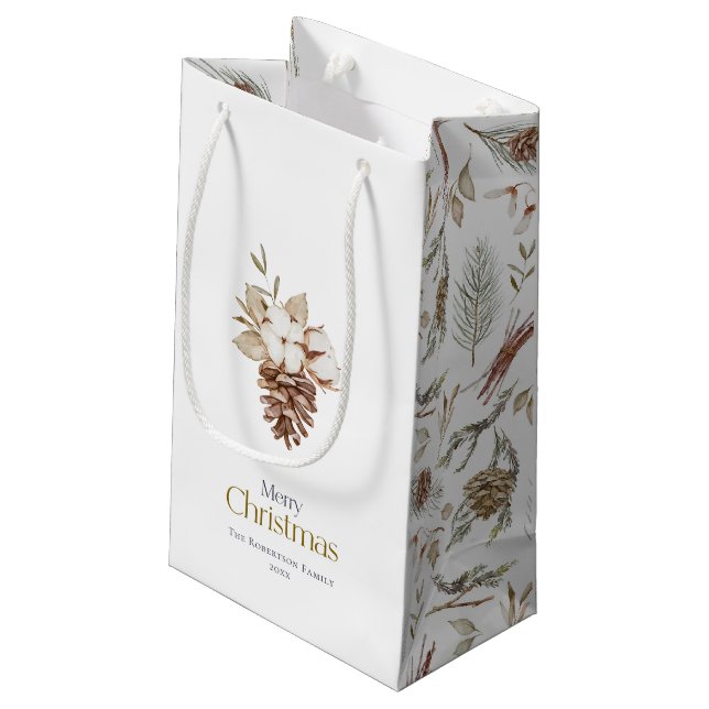 Elegante Wintergeschenktasche mit Pinecones Kleine Geschenktüte (Rückseite Schrägansicht)
