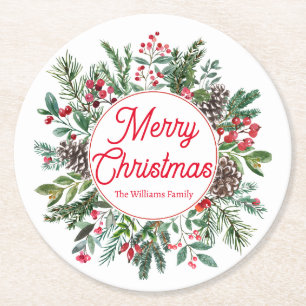 Elegante Wintergrün Merry Christmas rote Schrift Runder Pappuntersetzer