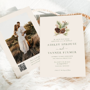 Elegante Wintergrüne Kiefer QR-Code Foto-Hochzeit Einladung