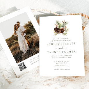 Elegante Wintergrüne Kiefer QR-Code Foto-Hochzeit Einladung
