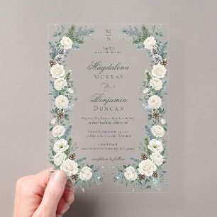 Elegante Wintergrüne Weiße Florale Hochzeit Acryleinladungen