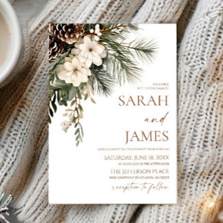 Elegante Winterliche Florale Kiefern Hochzeit Einladung