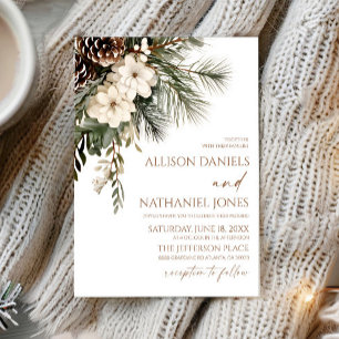 Elegante Winterliche Florale Kiefern Hochzeit Einladung