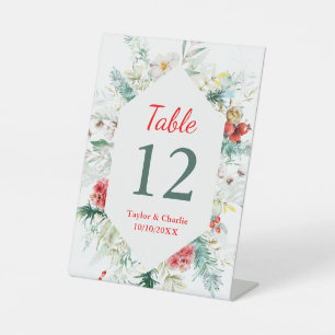 Elegante winterliche Hochzeitstisch-Nummer mit Blu Sockelschild