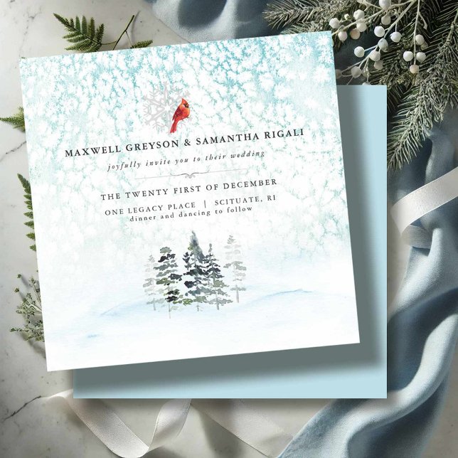 Elegante Winterpines Hochzeit Einladung (Mountain wedding invitations elegant wintery scene with pine trees and a cardinal in shades of blue)