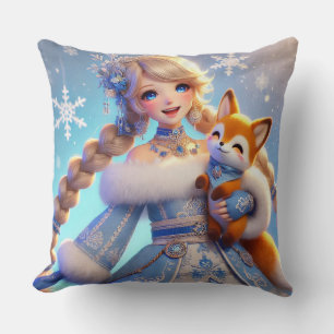 Elegante Winterprinzessin hält einen süßen Fuchs Kissen