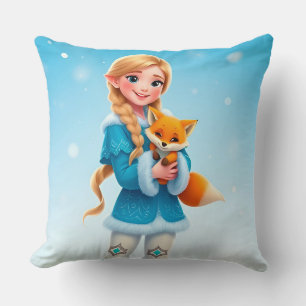 Elegante Winterprinzessin mit einem Niedlichen Fuc Kissen