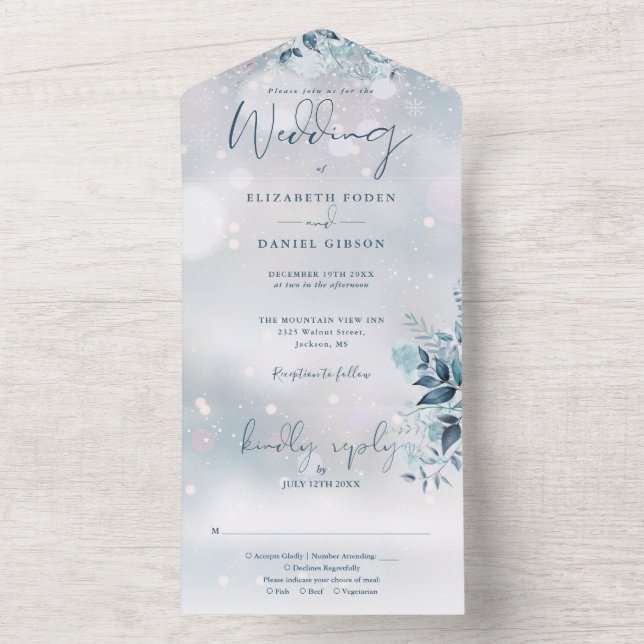 Elegante Winterschneeflocken-Blumenhochzeit in ein All In One Einladung (Innen Boden)
