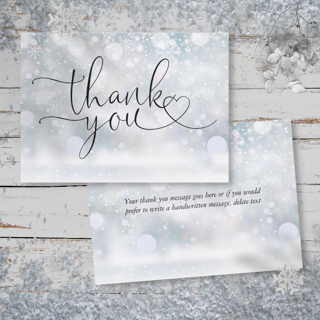 Elegante Winterschneeflocken Herzensschrift Dankeskarte (Elegant Winter Snowflakes Heart Script Thank You Card)
