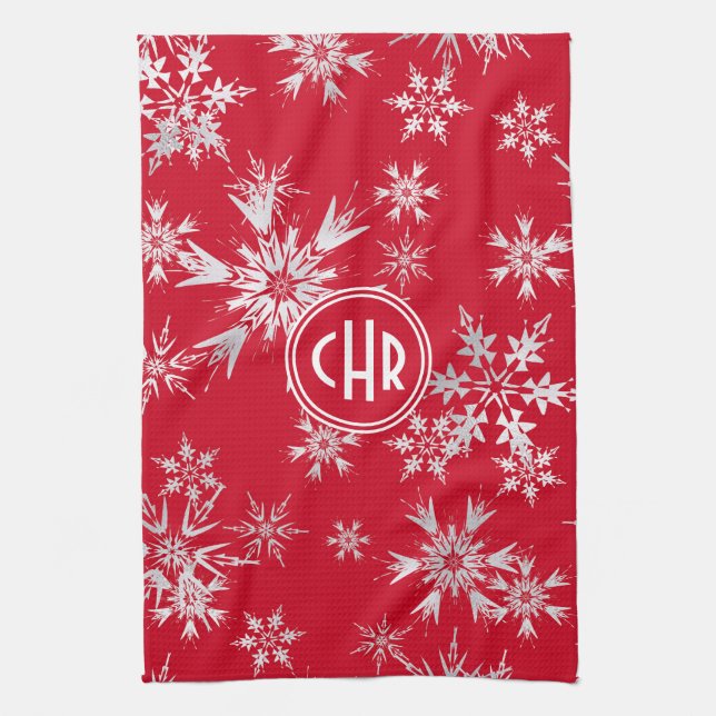 Elegante Winterschneeflocken | Roter Hintergrund Geschirrtuch (Vertikal)