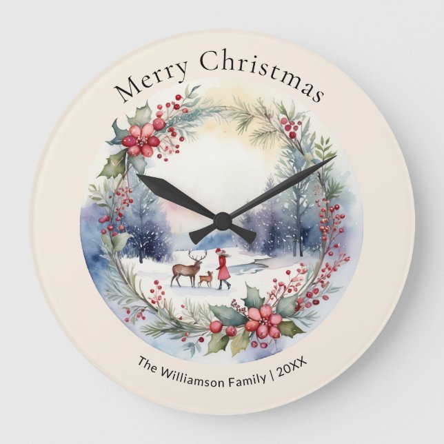Elegante Winterschneeszene Große Wanduhr (Vorderseite)