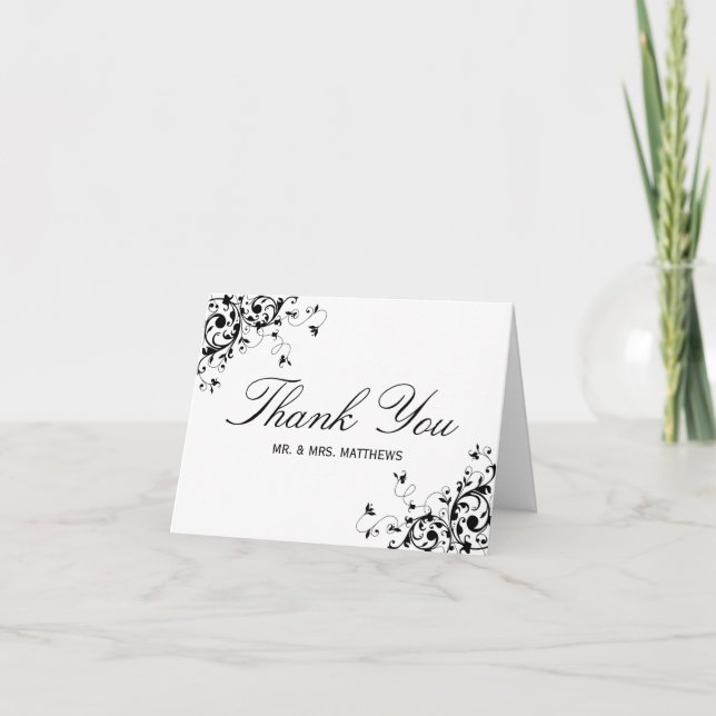 Elegante Wirbel Black & White Wedding Vielen Dank Dankeskarte (Vorderseite)