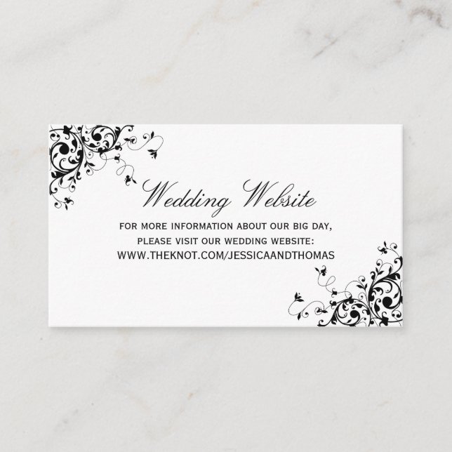 Elegante Wirbel Black & White Wedding Website Begleitkarte (Vorderseite)