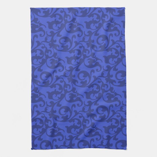 Elegante Wirbel der blauen Renaissance Damask Geschirrtuch (Vertikal)