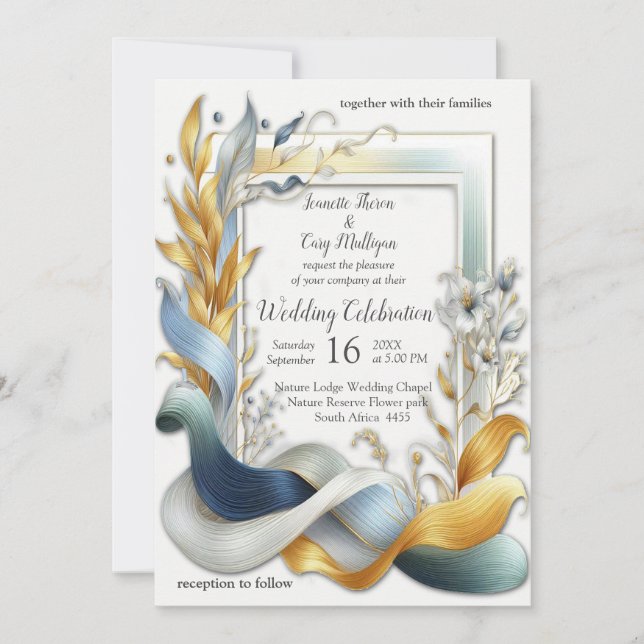 Elegante Wirbel in Gold, Silber, Blau, Gelb Einladung (Vorderseite)