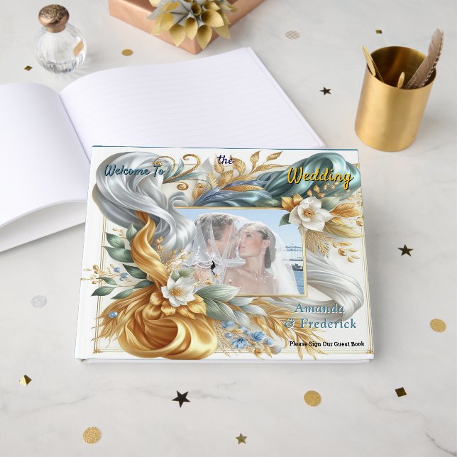 Elegante Wirbel in Gold, Silber, Blau, Gelb Gästebuch (Vorderseite Offen)