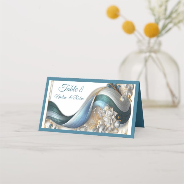 Elegante Wirbel in Gold, Silber, Blau, Gelb Platzkarte (Vorderseite)