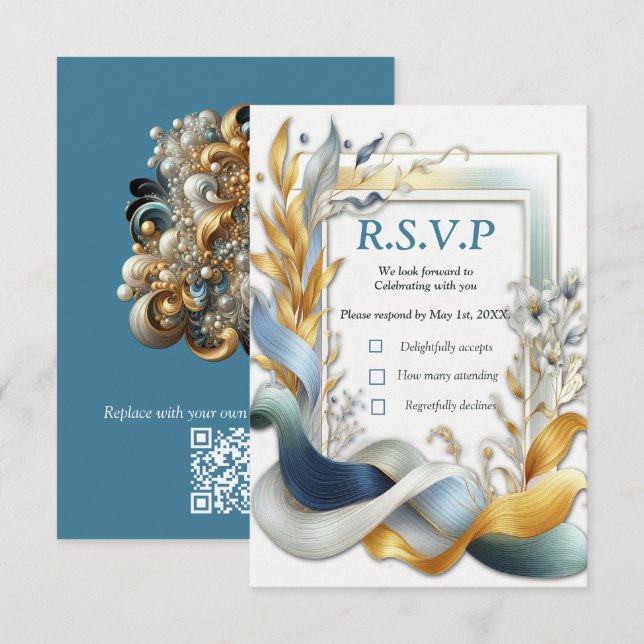 Elegante Wirbel in Gold, Silber, Blau, Gelb RSVP Karte (Vorne/Hinten)