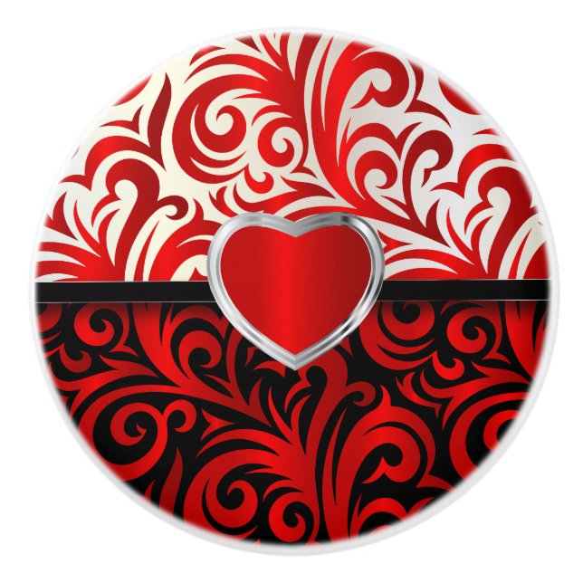 Elegante Wirbel in Rot, Weiß und Schwarz Keramikknauf (Vorderseite)