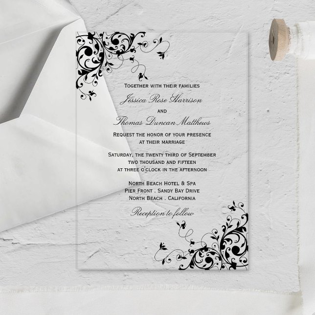 Elegante Wirbel Schwarz-Weiß-Hochzeit Acryleinladungen (Von Creator hochgeladen)
