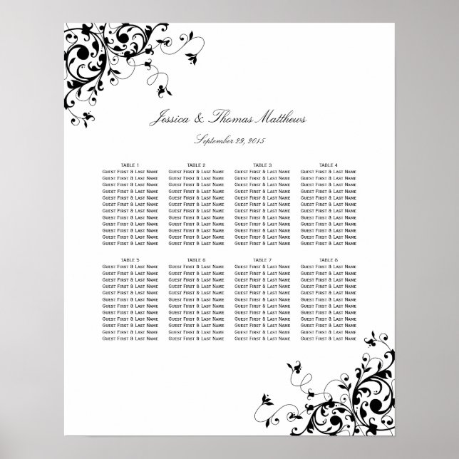 Elegante Wirbel Schwarz-Weiß-Hochzeitskizze Poster (Vorne)