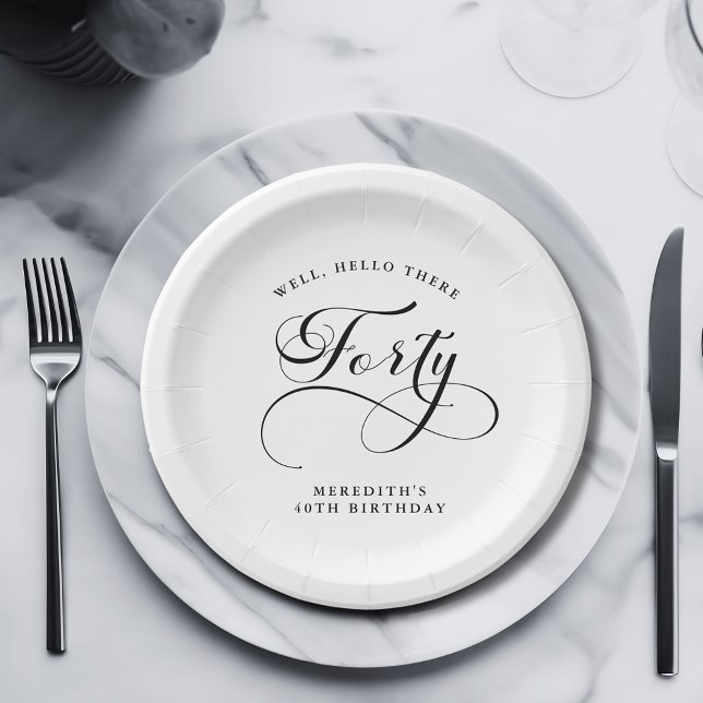 Elegante Wirble Kalligraphie 40. Geburtstag Party Pappteller (Elegant Swirly Calligraphy 40th Birthday Party Personalized Paper Plates)