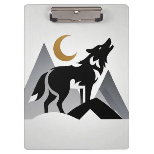Elegante Wolfsilhouette heult zum Halbmond Klemmbrett