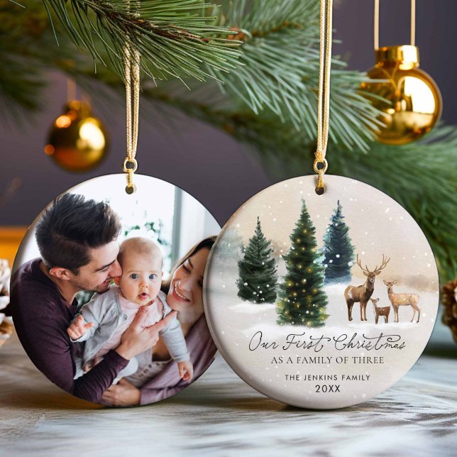 Elegante Woodland-Familie von Drei Foto Weihnachte Keramik Ornament (Elegant Forest Family of Three Christmas Ornament)